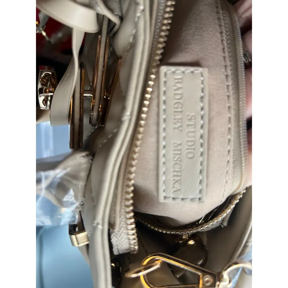 Badgley Mischka diamond quilted 2-way vegan leather tote bag in a taupe
